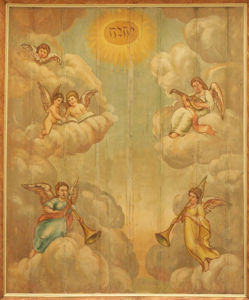 Das Bild zeigt eine Kirchenmalerei der St. Petri Kirche in Aschara. Es stellt Gott durch das Symbol des Tetragramms als Weltherrscher dar